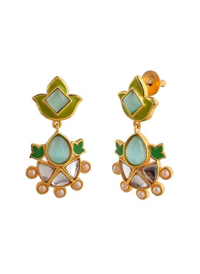 VOYLLA - Forever More Green Enamelled Floral Pearls and Green Stones Earrings - Image 1