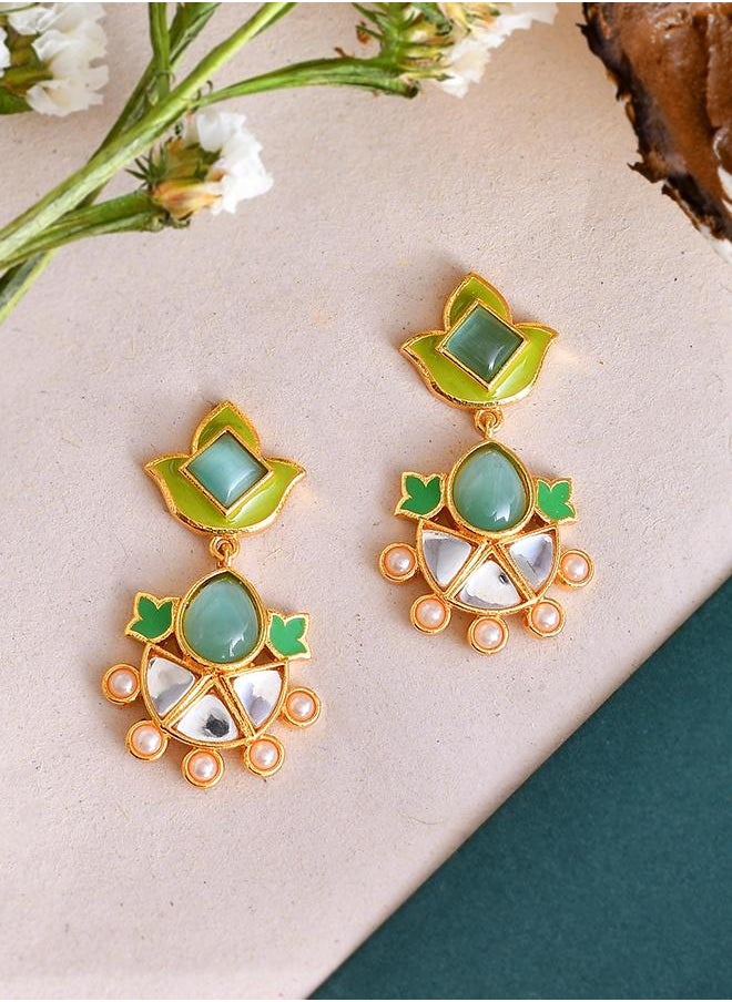VOYLLA - Forever More Green Enamelled Floral Pearls and Green Stones Earrings - Image 1