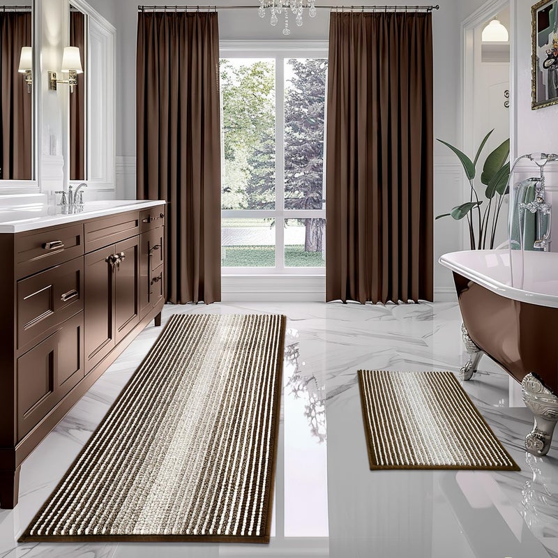 BSICPRO Bathroom Rugs and Mats Sets  2 Piece Thick Absorbent Chenille Bath Mat Rug Set Non Slip  Soft Shaggy Bath Room Floor Mats for Bathroom  Machine Washable (Brown  24"" x 70"" Plus 20"" x 32"") - Image 1