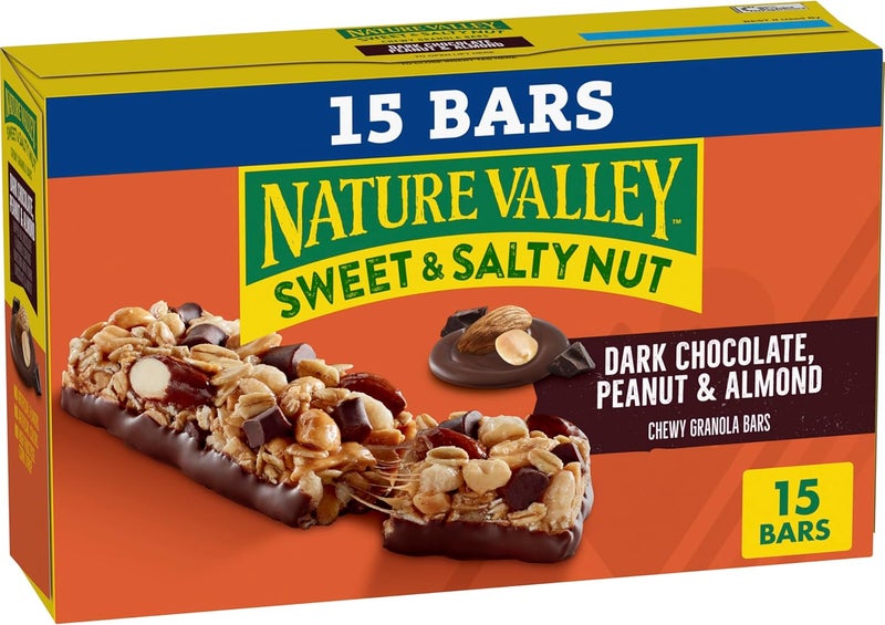 Nature Valley ألواح المكسرات الحلوة والمالحة من ناتشر فالي، الشوكولاتة الداكنة بالفول السوداني واللوز - 15 لوح جرانولا مطاطي، 18 أونصة - Image 1