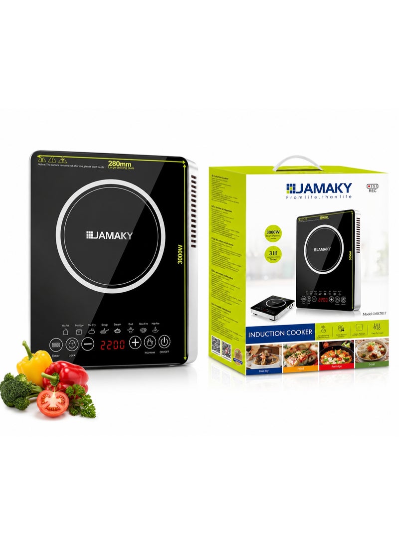 JAMAKY New Jamki 3000W Smart Electric Ceramic Induction Hob | Touch Control | 8 Multi-Cooking Functions (Boil, Simmer, Broil, Soup) | 3-Hour Timer and Advanced Safety System (Portable) | JMK7017 - Black - Image 1