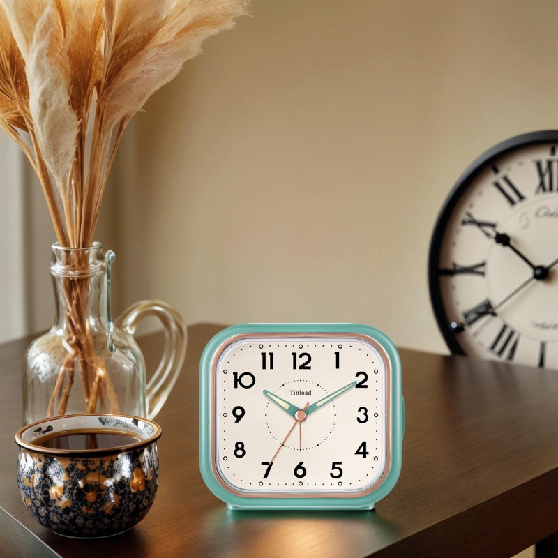 Tinload 4.5" Vintage Retro Analog Alarm Clock, Super Silent Non Ticking Clock with Manual Light, Snooze, Battery Operated, Simply Design, for Living Room, Bedroom, Bedside, Desk(Green) - Image 5