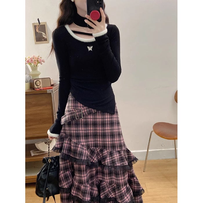 Small Plaid Half-body dress Children Spring and Autumn 2025 New College Style Wear a Complete Set of Feeling Single black t-shirt