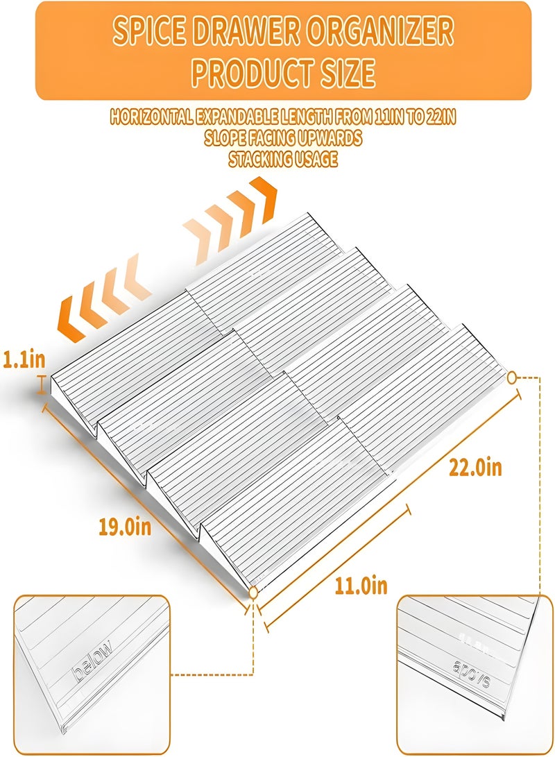 8 قطع منظم أدراج التوابل 4 طبقات - 4 أزواج في درج التوابل منظم ومرطبانات المطبخ منظم أدراج التوابل قابل للتوسيع من 11 بوصة إلى 22 بوصة رف التوابل وصينية للخزانة - Image 2