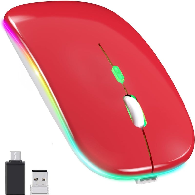 CLUSPEX LED Wireless Mouse, Slim Silent Mouse 2.4G Portable Mobile Optical Office Mouse with USB & Type-c Receiver, 3 Adjustable DPI Levels for Notebook, PC, Laptop, Computer (Red) - Image 1