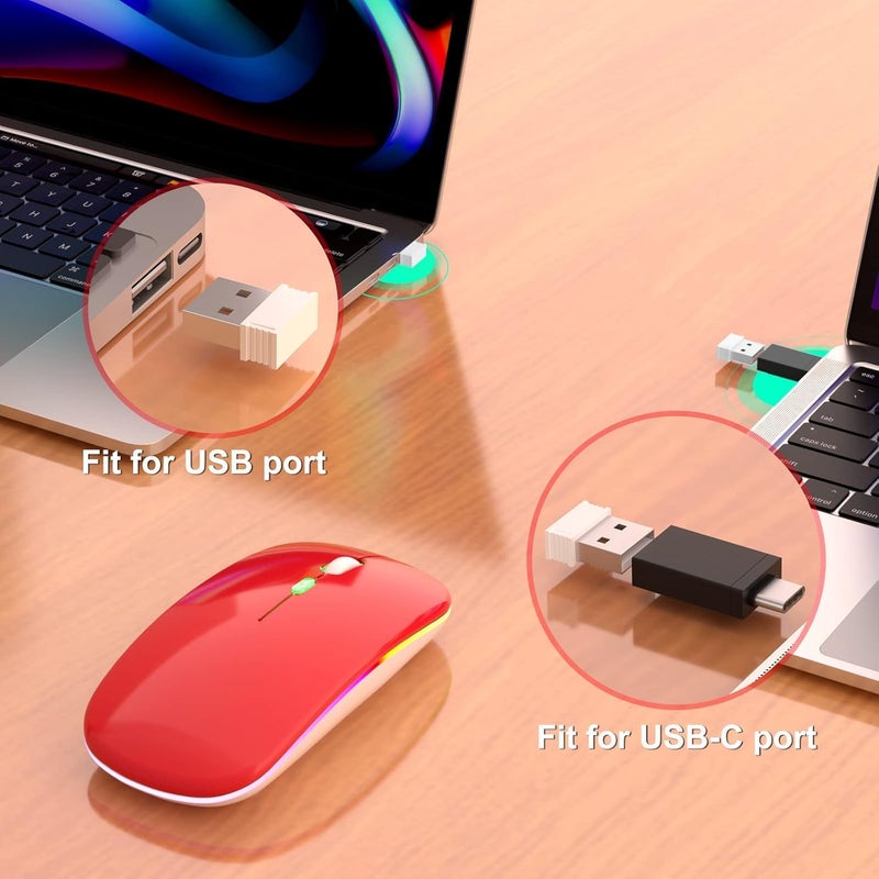CLUSPEX LED Wireless Mouse, Slim Silent Mouse 2.4G Portable Mobile Optical Office Mouse with USB & Type-c Receiver, 3 Adjustable DPI Levels for Notebook, PC, Laptop, Computer (Red) - Image 3
