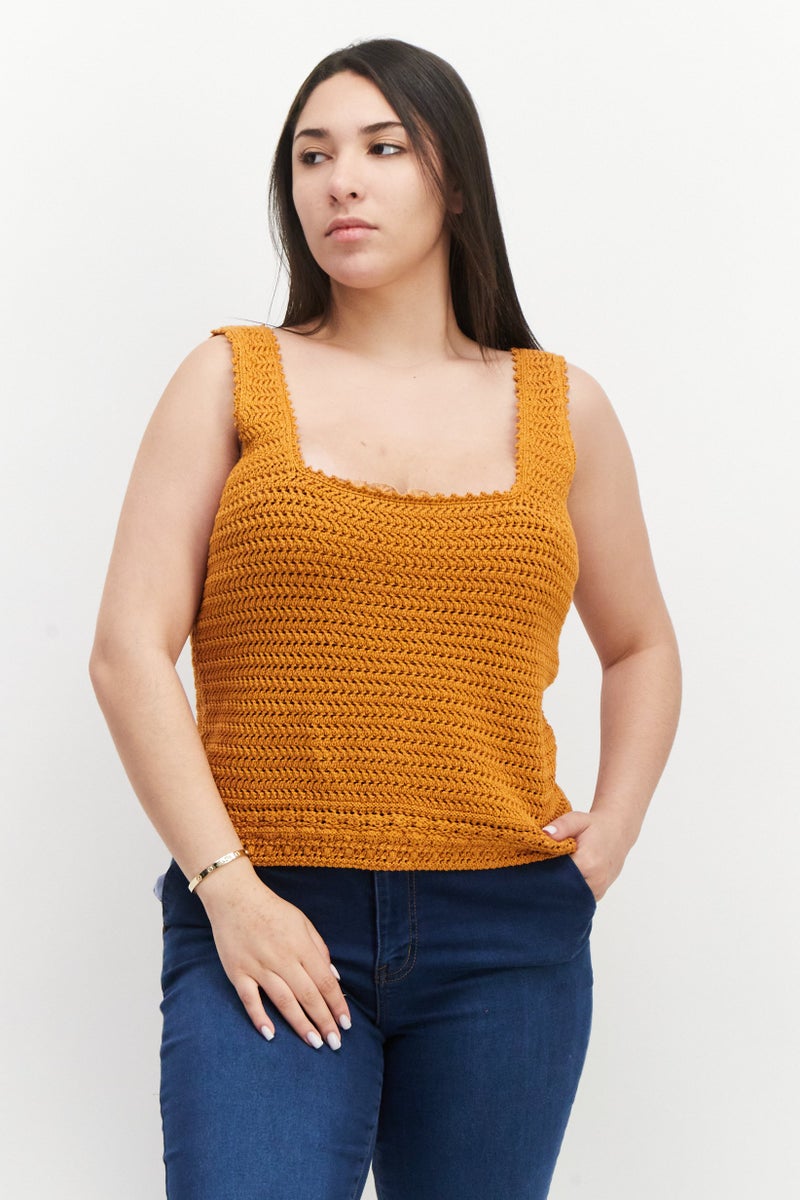 VINCE Women Square Neck Sleeveless Knitted Top, Light Brown - Image 1