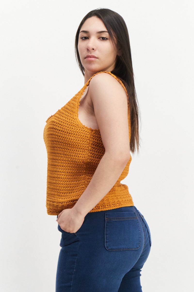VINCE Women Square Neck Sleeveless Knitted Top, Light Brown - Image 3