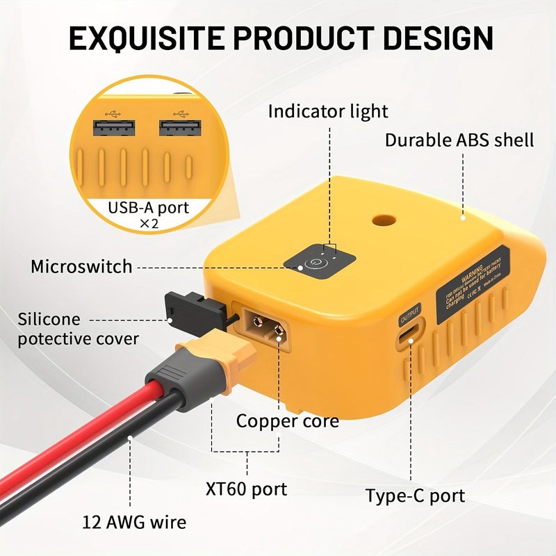محول شحن USB متعدد الوظائف ومحول بطارية، عدد 2، متوافق مع بطارية 20 فولت، 2 منفذ USB ومنفذ شحن سريع Type-C واحد، منفذ DC XT60 - Image 3