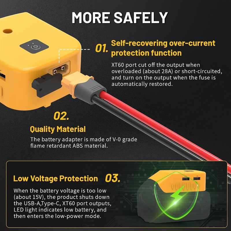 محول شحن USB متعدد الوظائف ومحول بطارية، عدد 2، متوافق مع بطارية 20 فولت، 2 منفذ USB ومنفذ شحن سريع Type-C واحد، منفذ DC XT60 - Image 5
