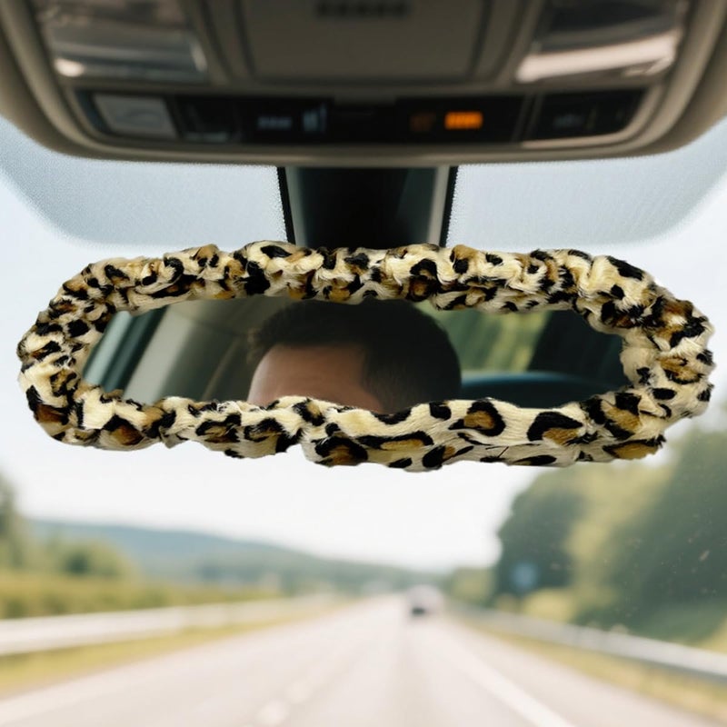 YoRise Soft Plush Car Rear View Mirror Cover Elastic Rearview Mirrors Protector Cute Automotive Rear View Mirror Accessories Universal Car Decorations for Cars Trucks SUVs Leopard - Image 3