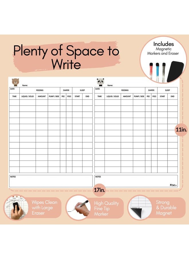 Mewl Twins Daily Log Whiteboard - Reusable Twin Baby Tracker to Log Feeding, Diapers & Sleep - Newborn Baby Journal & Schedule Chart for New Parents, Nanny, Babysitter - Pregnancy & New Mom Gift - Image 5