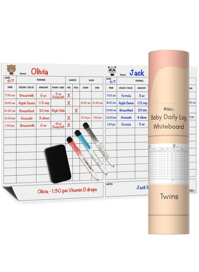 Mewl Twins Daily Log Whiteboard - Reusable Twin Baby Tracker to Log Feeding, Diapers & Sleep - Newborn Baby Journal & Schedule Chart for New Parents, Nanny, Babysitter - Pregnancy & New Mom Gift - Image 1