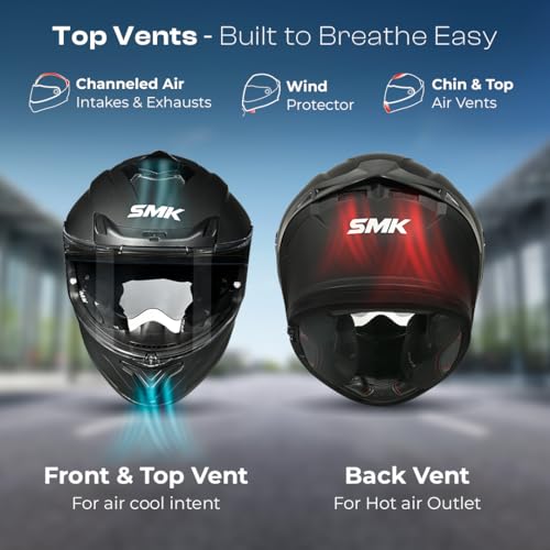 SMK Helmets SMK Typhoon Solid ISI ECE & DOT Certified Full Face Dual Visor Helmet for Men and Women with Pinlock Fitted Clear Visor and Inner Sun Visor - Image 3