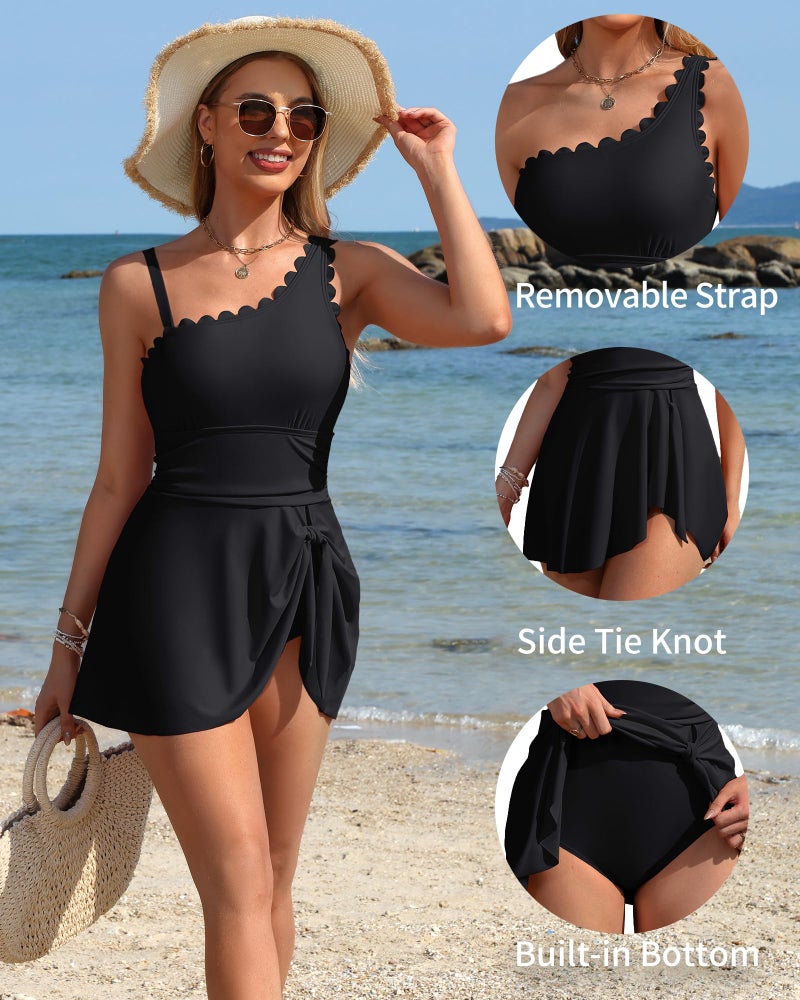 Charmo Cute Bathing Suit for Women Tummy Control Skirted One Shoulder Swimsuit One Piece Full Coverage Swimdress Black XL - Image 4