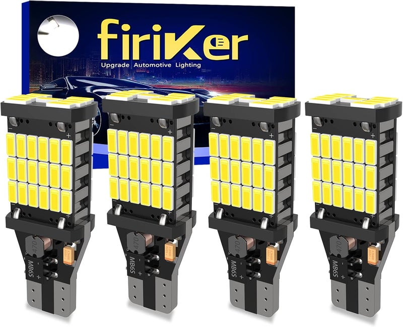 firiKer 4 قطع أضواء عكسية LED فائقة السطوع 921 T15 912 W16W، خالية من الأخطاء 904 لمبات LED 921 مع شرائح 45SMD-4014، لمبات LED 912 921 906 للسيارات والشاحنات لأضواء العكس، 1500 لومن 6500K أبيض - Image 1