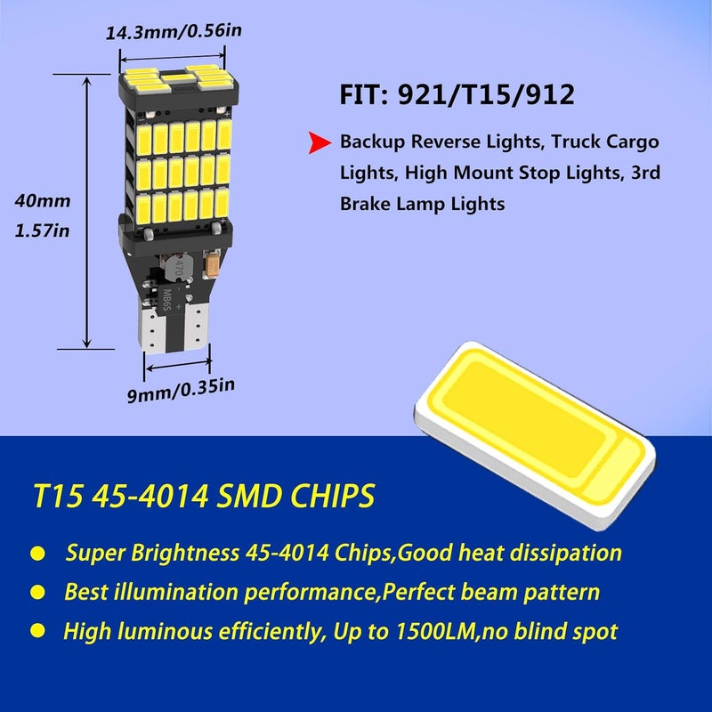firiKer 4 قطع أضواء عكسية LED فائقة السطوع 921 T15 912 W16W، خالية من الأخطاء 904 لمبات LED 921 مع شرائح 45SMD-4014، لمبات LED 912 921 906 للسيارات والشاحنات لأضواء العكس، 1500 لومن 6500K أبيض - Image 2