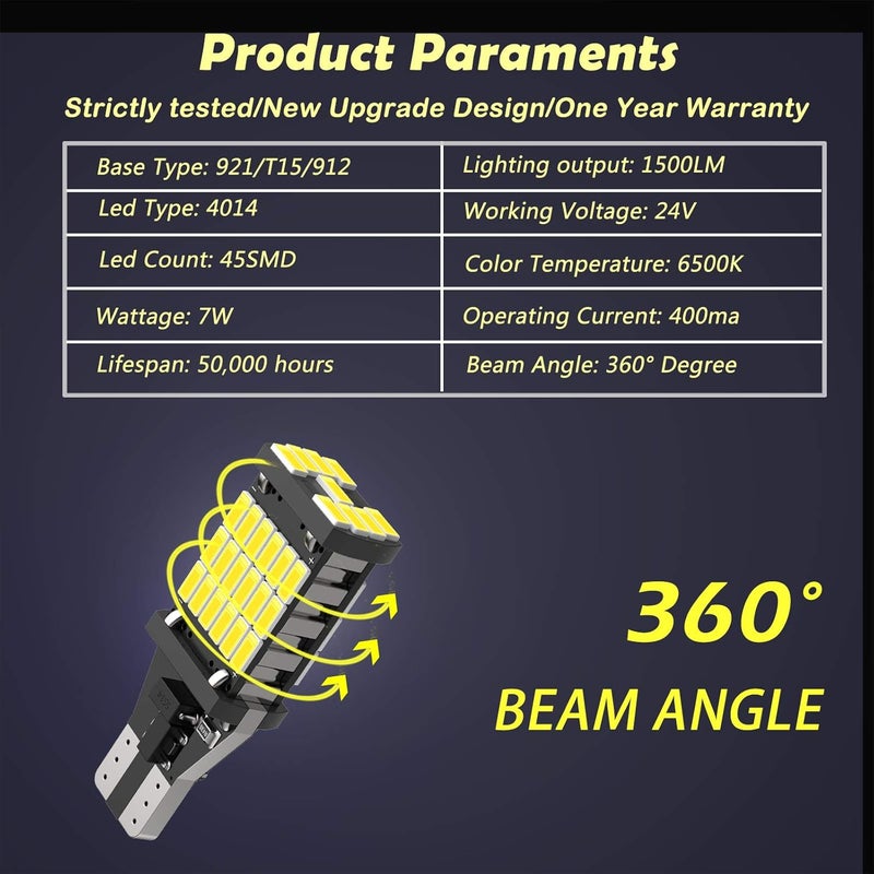 firiKer 4 قطع أضواء عكسية LED فائقة السطوع 921 T15 912 W16W، خالية من الأخطاء 904 لمبات LED 921 مع شرائح 45SMD-4014، لمبات LED 912 921 906 للسيارات والشاحنات لأضواء العكس، 1500 لومن 6500K أبيض - Image 4