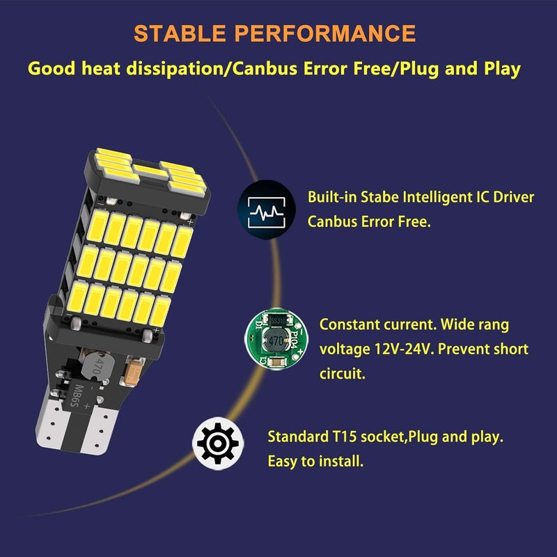 firiKer 4 قطع أضواء عكسية LED فائقة السطوع 921 T15 912 W16W، خالية من الأخطاء 904 لمبات LED 921 مع شرائح 45SMD-4014، لمبات LED 912 921 906 للسيارات والشاحنات لأضواء العكس، 1500 لومن 6500K أبيض - Image 5