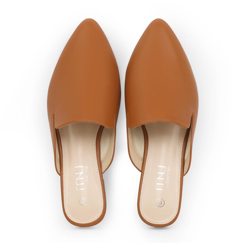 MUSSHOE Pointed Toe Mules for Women: Comfortable Slip On Flats with Soft Memory Foam - Non-Slip Lightweight Backless Loafers for Office Work & Business Casual,Brown Pu 8 - Image 1