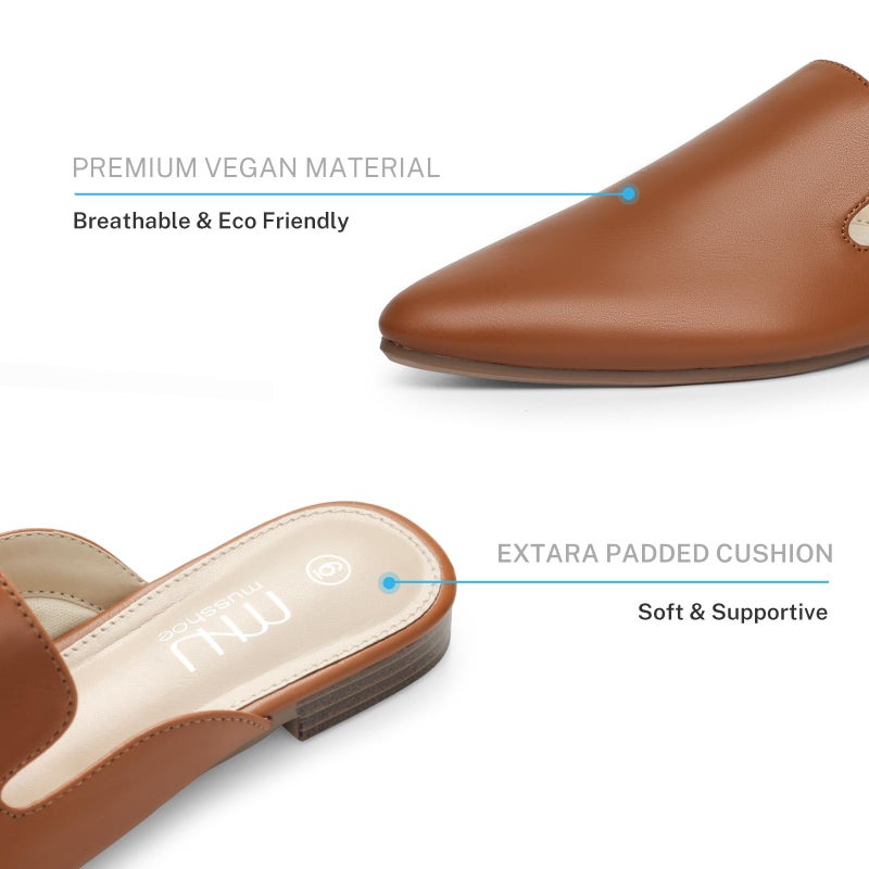 MUSSHOE Pointed Toe Mules for Women: Comfortable Slip On Flats with Soft Memory Foam - Non-Slip Lightweight Backless Loafers for Office Work & Business Casual,Brown Pu 8 - Image 4