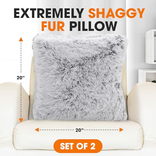 Cheer Collection Throw Pillows for Couch and Bed, Soft Shaggy Throw Pillows with Inserts Included, Cozy Long Hair Faux Fur Pillows - Set of 2-18" x 18" - Gray - Image 3