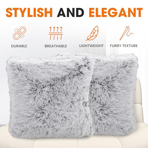Cheer Collection Throw Pillows for Couch and Bed, Soft Shaggy Throw Pillows with Inserts Included, Cozy Long Hair Faux Fur Pillows - Set of 2-18" x 18" - Gray - Image 5