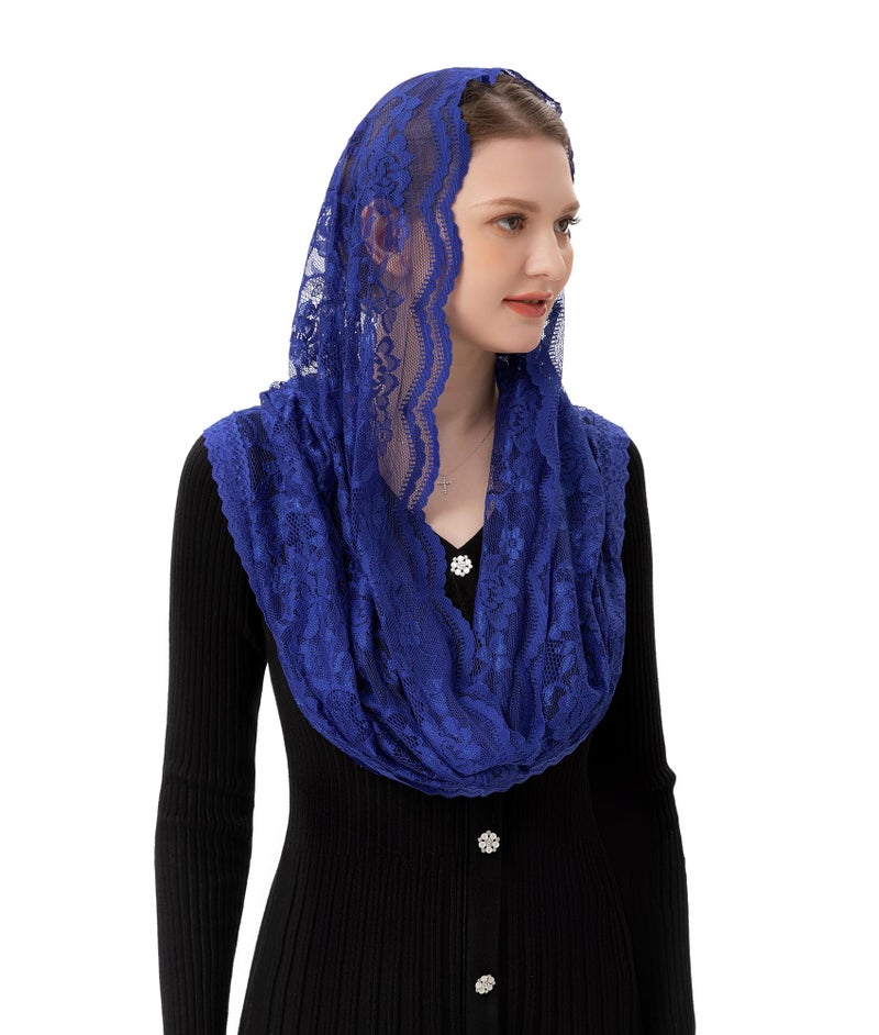 PAMOR Infinity Chapel Veil Floral Latin Mass Head Covering Lace Scarf Mantilla Veils for Church (Navy Blue) - Image 1