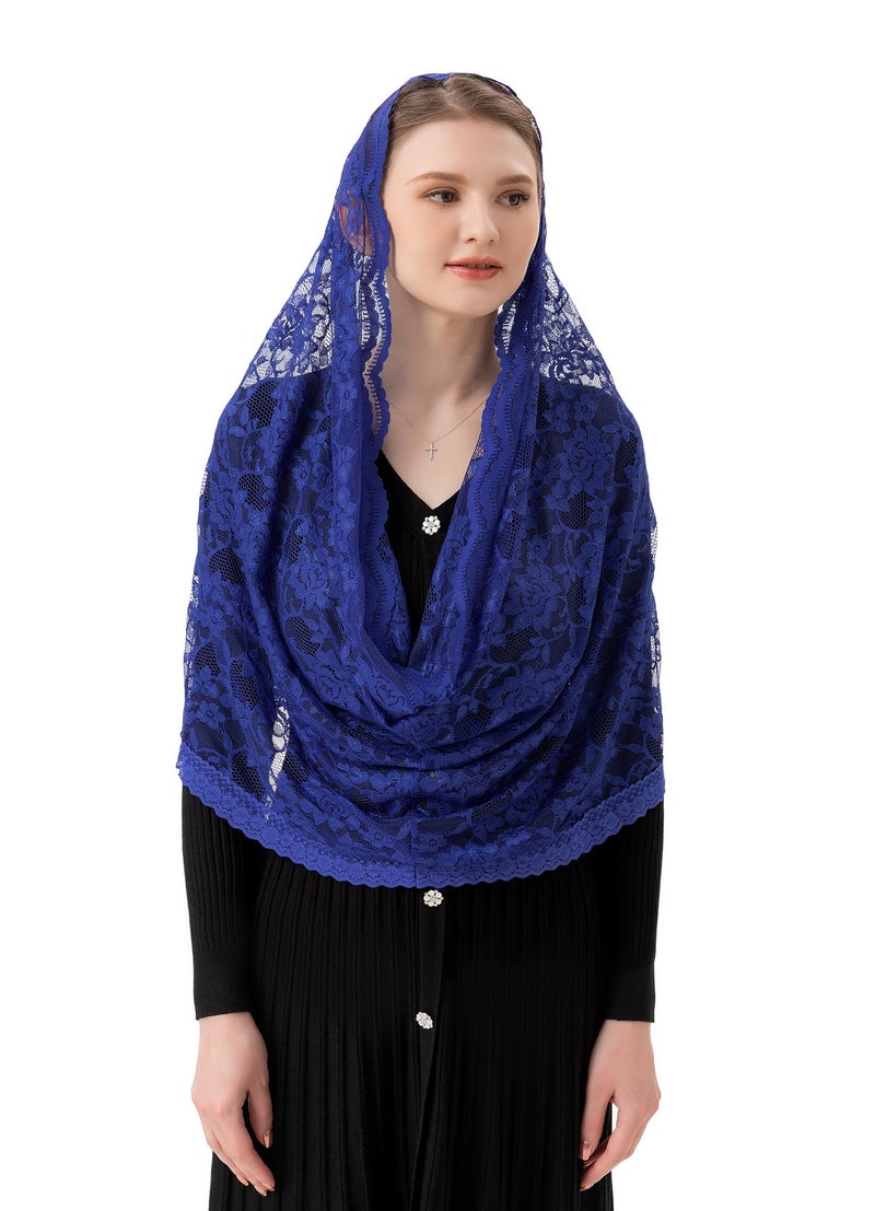 PAMOR Infinity Chapel Veil Floral Latin Mass Head Covering Lace Scarf Mantilla Veils for Church (Navy Blue) - Image 4