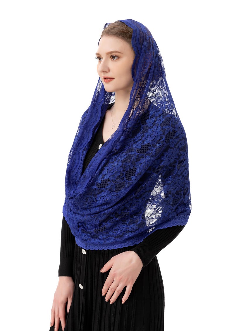 PAMOR Infinity Chapel Veil Floral Latin Mass Head Covering Lace Scarf Mantilla Veils for Church (Navy Blue) - Image 5