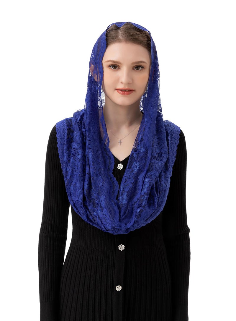 PAMOR Infinity Chapel Veil Floral Latin Mass Head Covering Lace Scarf Mantilla Veils for Church (Navy Blue) - Image 3