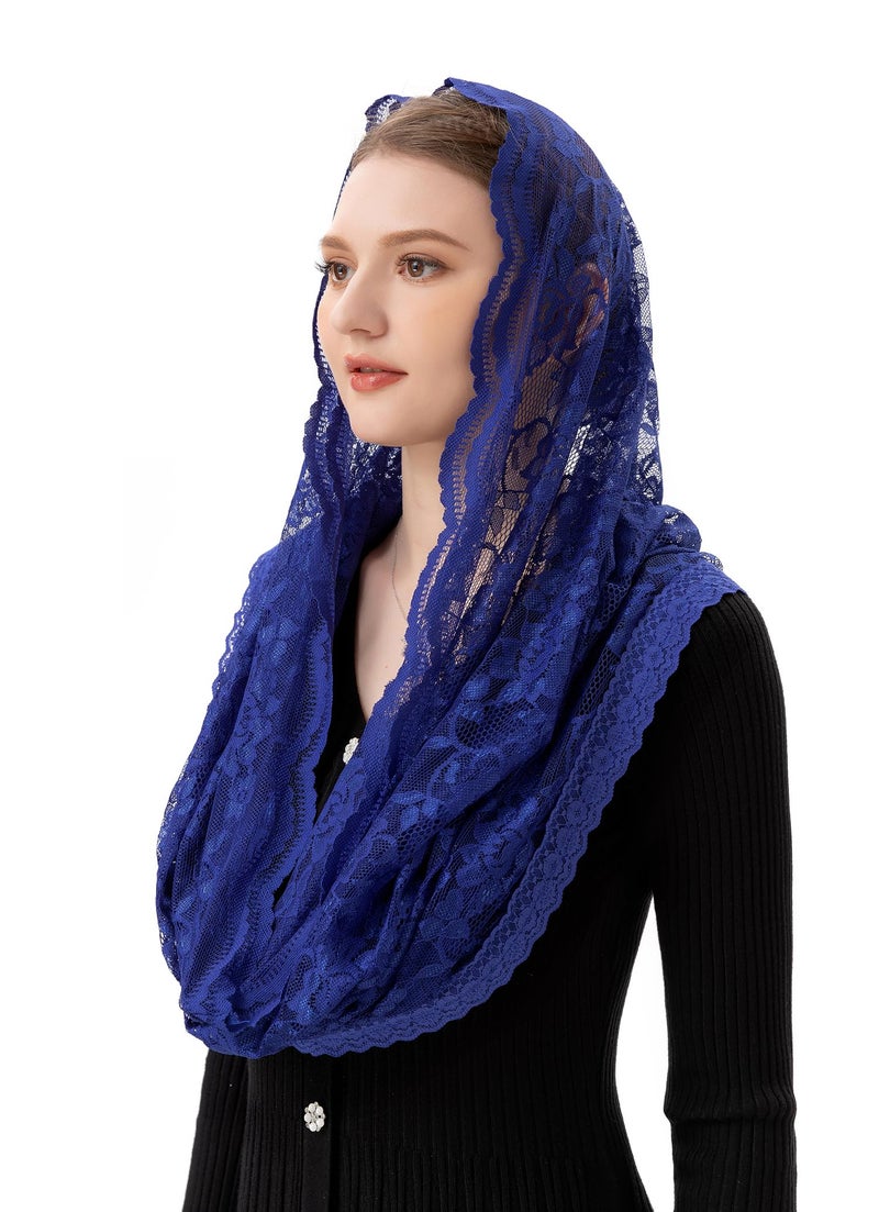PAMOR Infinity Chapel Veil Floral Latin Mass Head Covering Lace Scarf Mantilla Veils for Church (Navy Blue) - Image 2