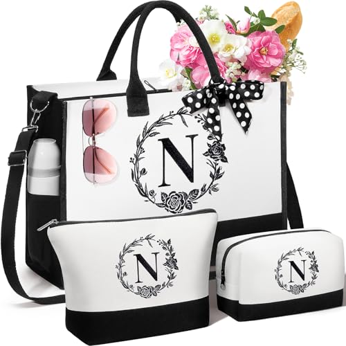 FLOE Personalized Gifts for Women, Initial Canvas Tote Bag & Makeup Bag Monogrammed Beach Tote Bags for Women w/ Zipper, Mothers Day Birthday Gifts for Mom Her Wife Girlfriend Sister Best Friend Teacher - Image 1