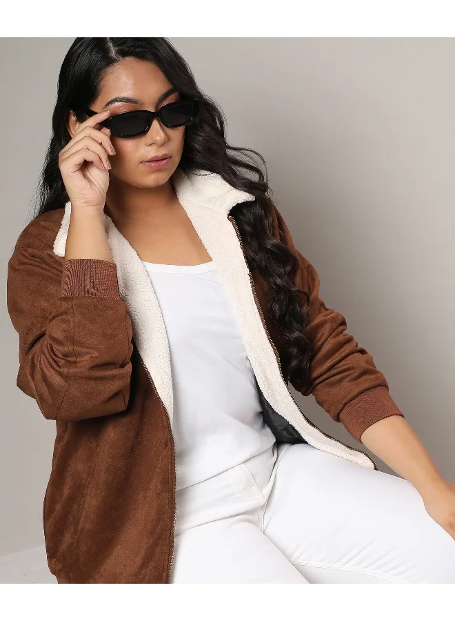 Instafab Plus Women's Tan Brown Fleece Lined Biker Jacket