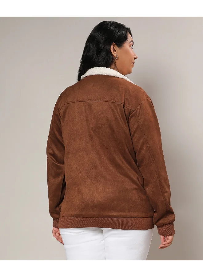 Instafab Plus Women's Tan Brown Fleece Lined Biker Jacket