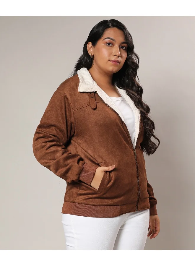 Instafab Plus Women's Tan Brown Fleece Lined Biker Jacket