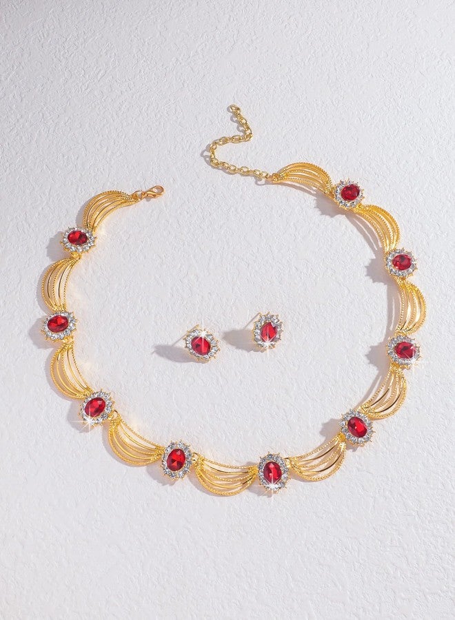 Sither Party Jewelry Set for Women Fashion Crystal Necklace Earrings Jewelry Set for Prom Wedding Dress (red) - Image 3