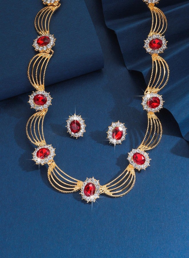 Sither Party Jewelry Set for Women Fashion Crystal Necklace Earrings Jewelry Set for Prom Wedding Dress (red) - Image 4