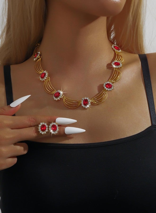 Sither Party Jewelry Set for Women Fashion Crystal Necklace Earrings Jewelry Set for Prom Wedding Dress (red) - Image 2