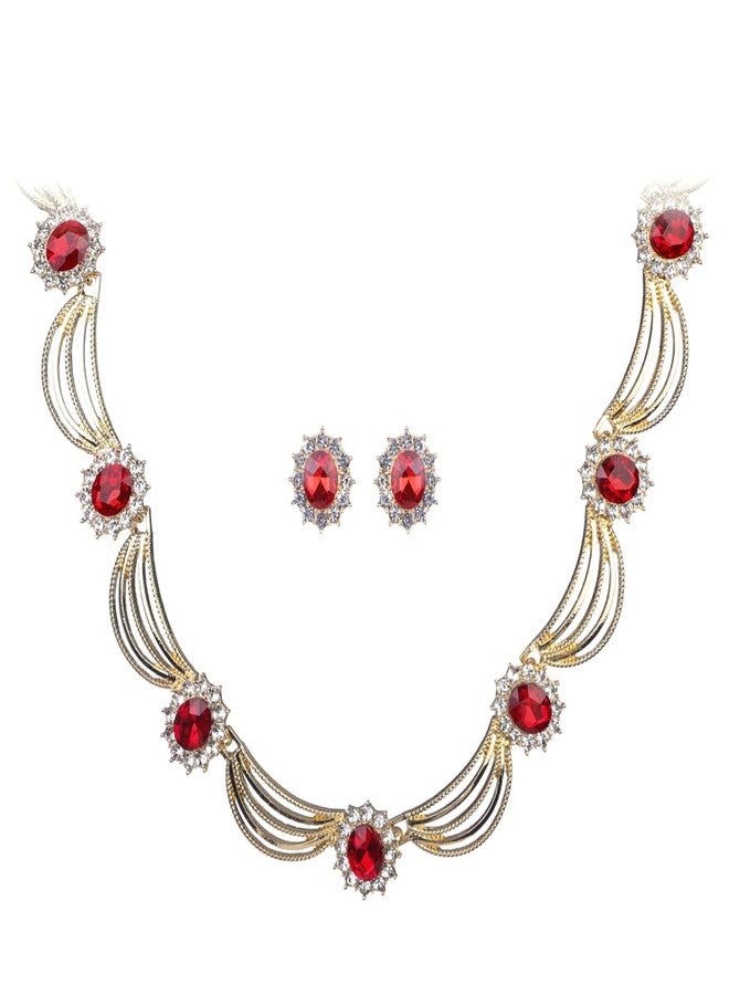 Sither Party Jewelry Set for Women Fashion Crystal Necklace Earrings Jewelry Set for Prom Wedding Dress (red) - Image 1