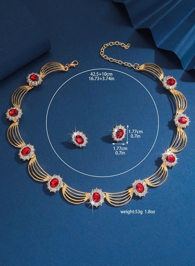 Sither Party Jewelry Set for Women Fashion Crystal Necklace Earrings Jewelry Set for Prom Wedding Dress (red) - Image 5