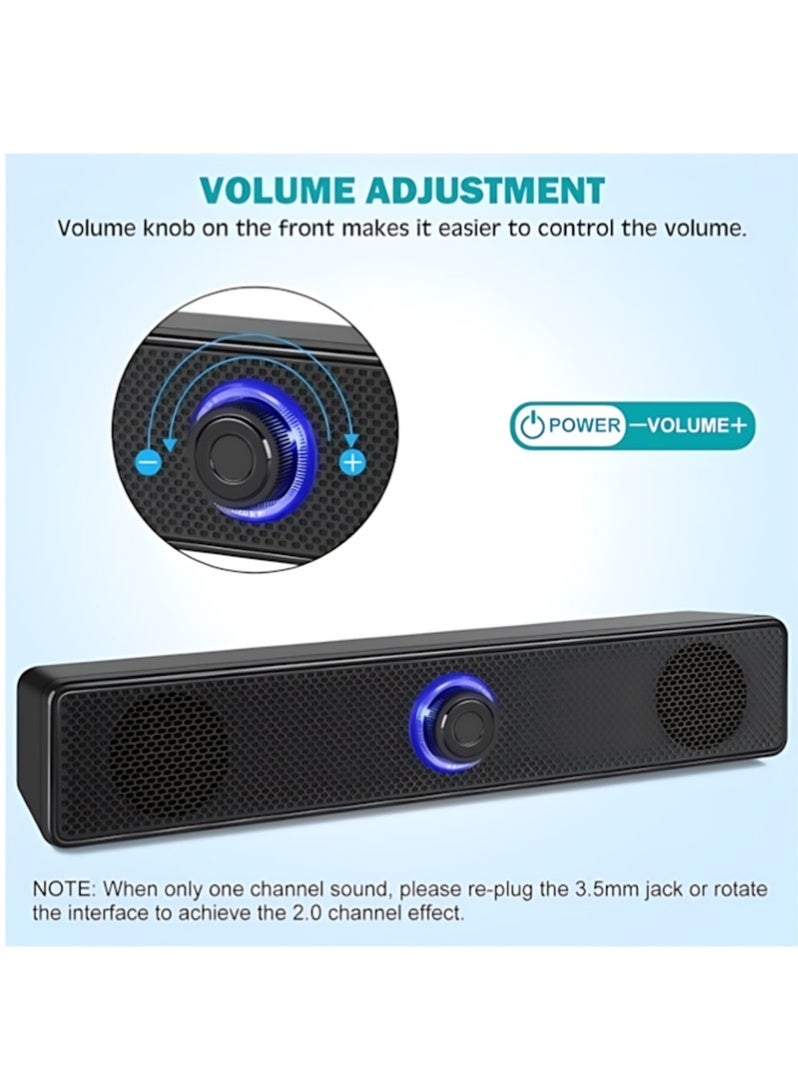 مكبرات صوت للكمبيوتر، نظام ستيريو 2.0، ساوند بار سلكي يعمل عبر USB، مزود بمنفذ صوت مساعد 3.5 مم للتلفزيون، متوافق مع أجهزة الكمبيوتر المكتبية، أجهزة اللابتوب، شاشات الكمبيوتر والهواتف المحمولة - Image 2