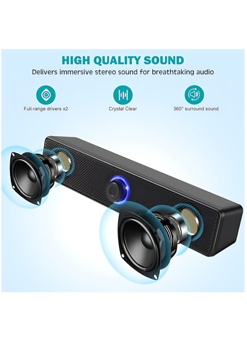 مكبرات صوت للكمبيوتر، نظام ستيريو 2.0، ساوند بار سلكي يعمل عبر USB، مزود بمنفذ صوت مساعد 3.5 مم للتلفزيون، متوافق مع أجهزة الكمبيوتر المكتبية، أجهزة اللابتوب، شاشات الكمبيوتر والهواتف المحمولة - Image 3