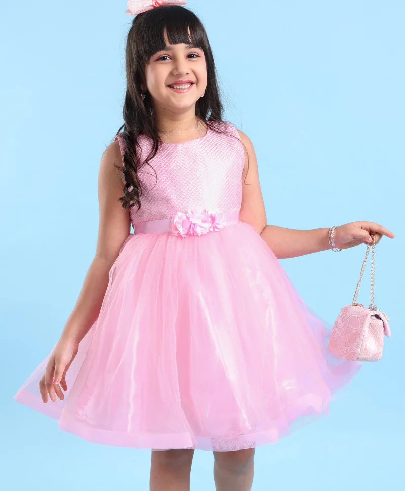 babyhug Babyhug Woven Sleeveless Sequinned Party Frock with Floral Corsage - Pink