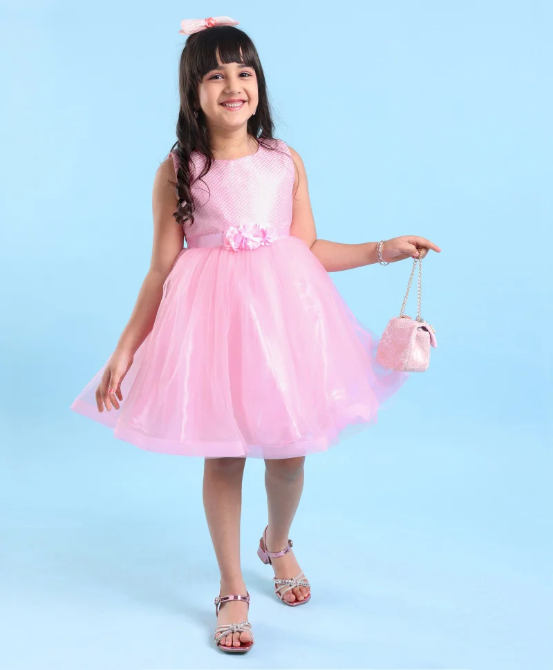 babyhug Babyhug Woven Sleeveless Sequinned Party Frock with Floral Corsage - Pink