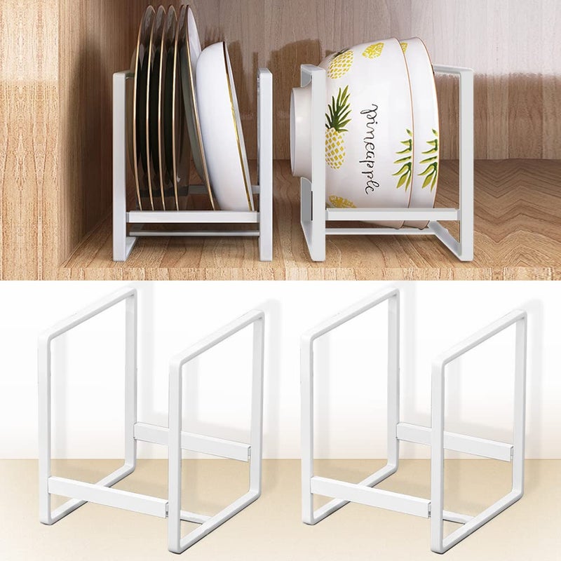 MINGFANITY 4PCS Plate Holders Organizer Metal Dish Storage Dying Display Rack for Cabinet Counter and Cupboard White 4 Small
