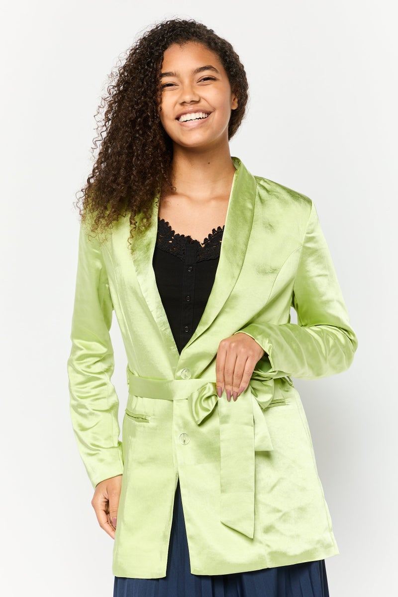 Miss Selfridge Women Regular Fit Plain Belted Casual Blazer, Apple Green - Image 1