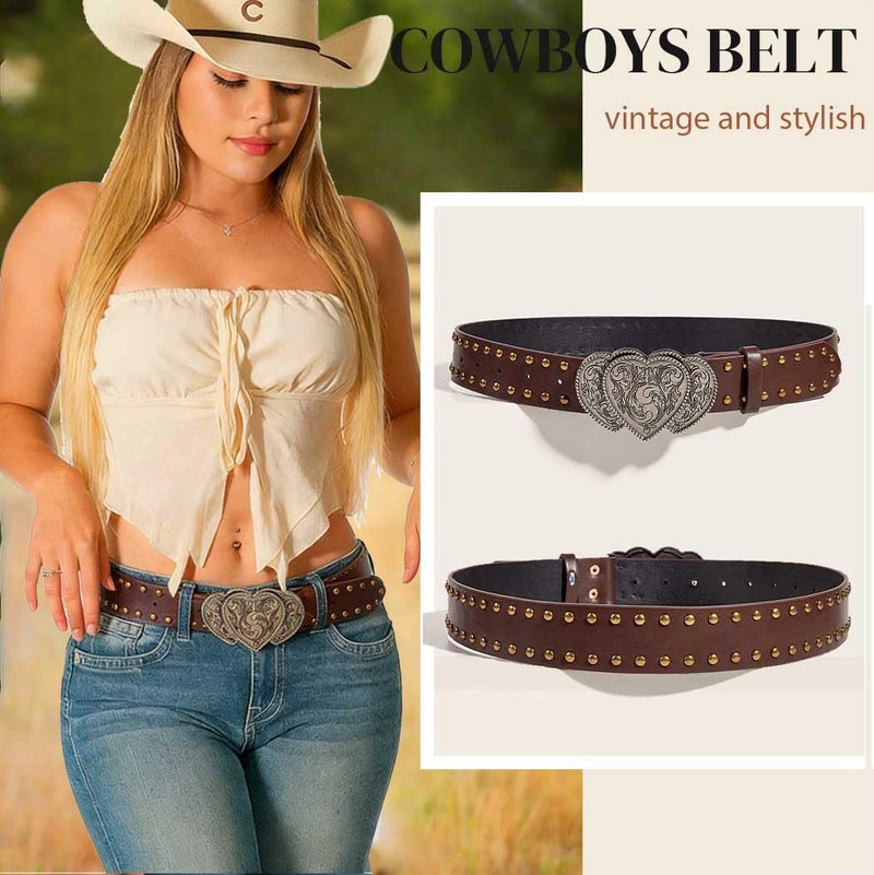 Yalice Heart Western Leather Belt for Women Men Star Buckle Waist Belt for Jeans Pants Ladies Cowgirls Cowboys Belt (Brown-Heart, Fit Waist Size: 27''-37'') - Image 2