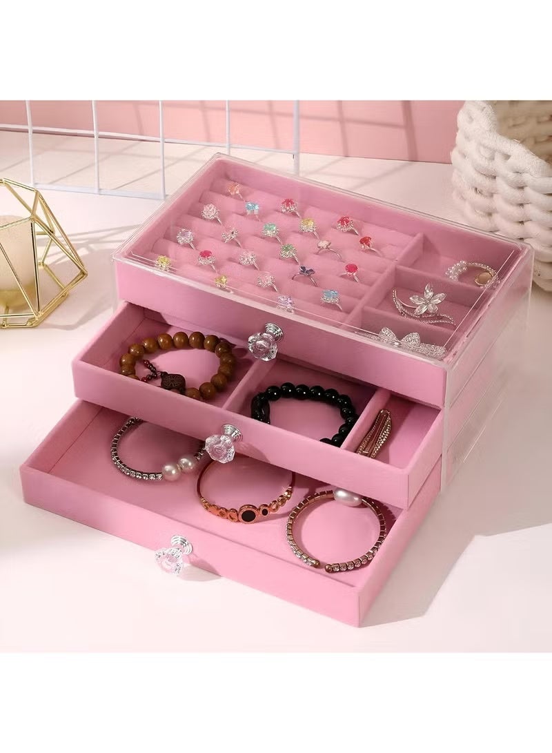 Shein Clear Acrylic Jewelry Organizer with Velvet Lining, 3 Drawers, Stackable Design, Multi-Functional for Earrings, Rings, Necklaces, Watches, and More - Pink - Image 1