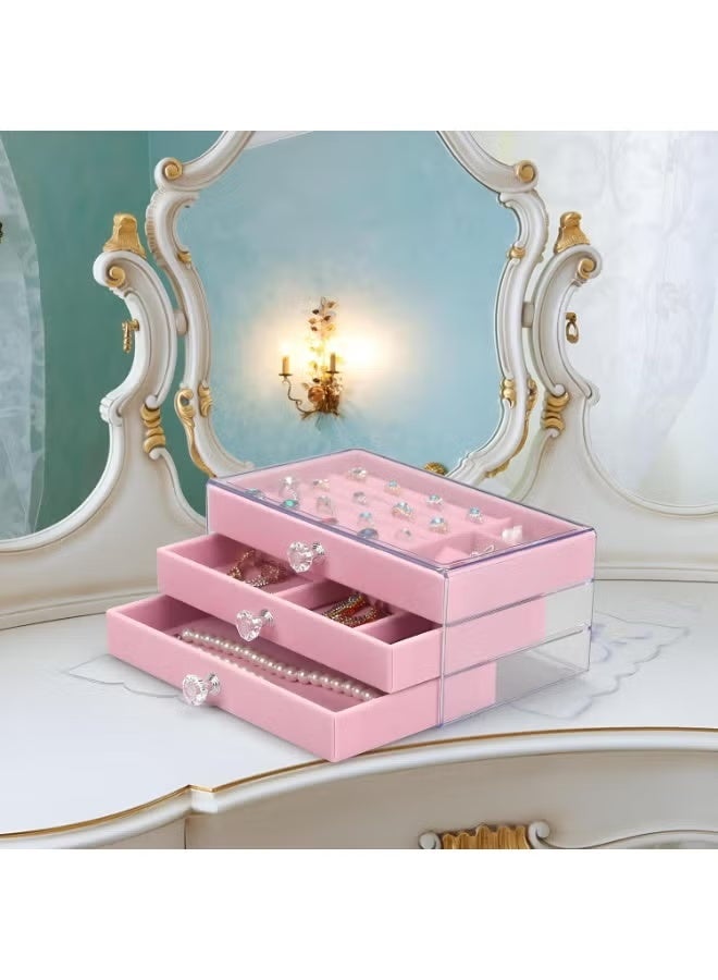 Shein Clear Acrylic Jewelry Organizer with Velvet Lining, 3 Drawers, Stackable Design, Multi-Functional for Earrings, Rings, Necklaces, Watches, and More - Pink - Image 2